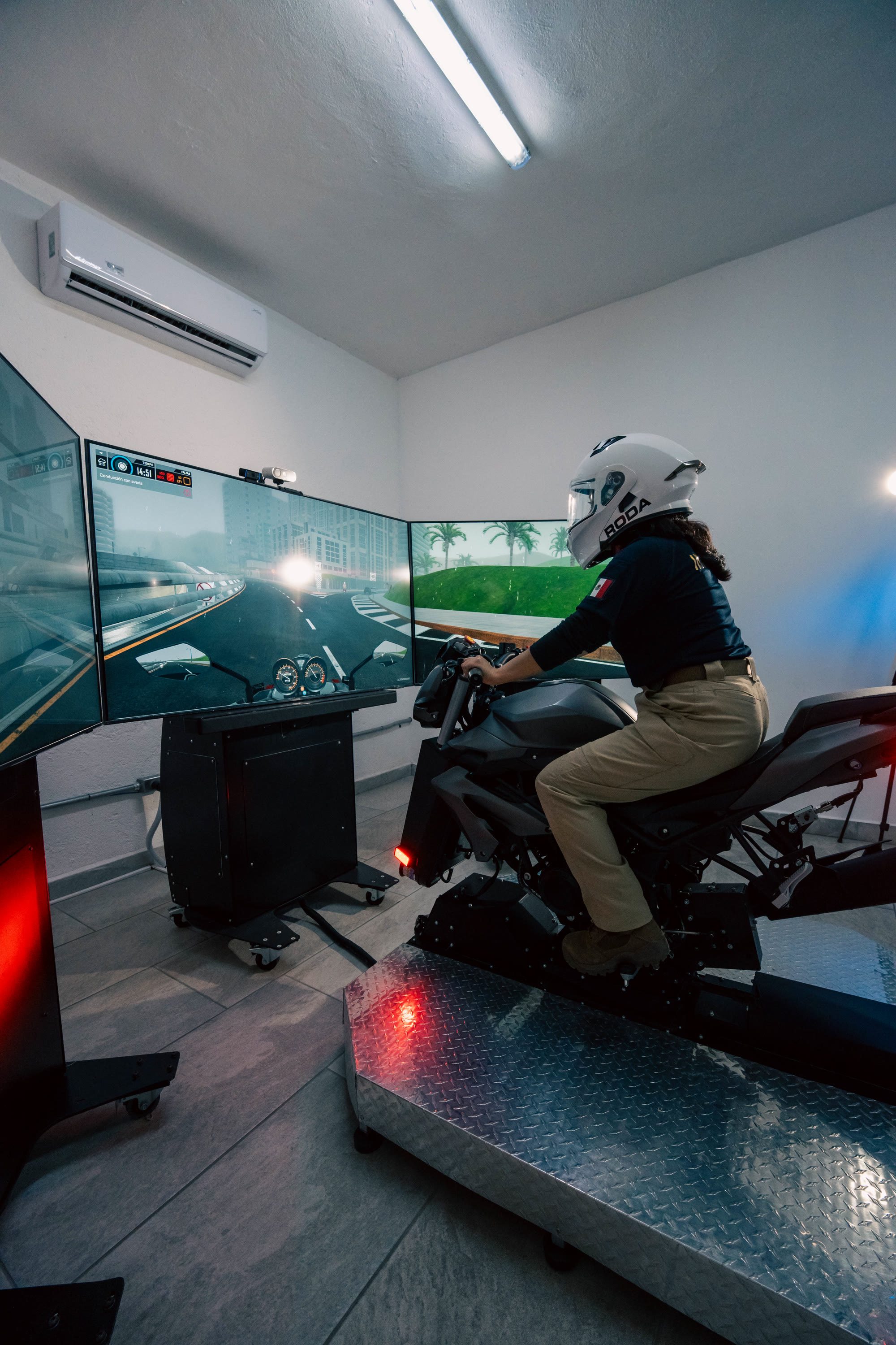 Escobedo motorcycle officer training on the APEX motorcycle simulator