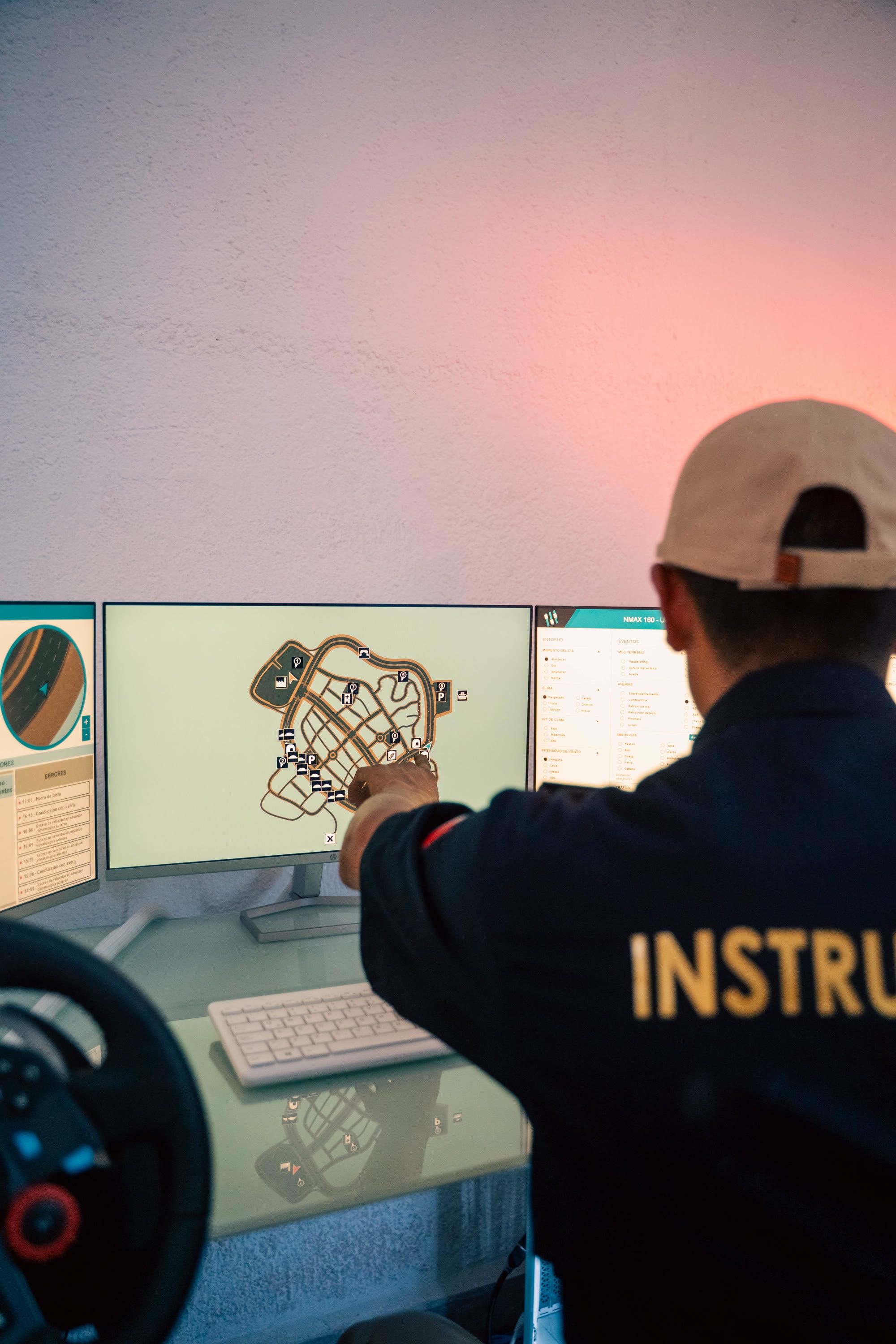 Instructor supervising the session from the simulator station in Escobedo