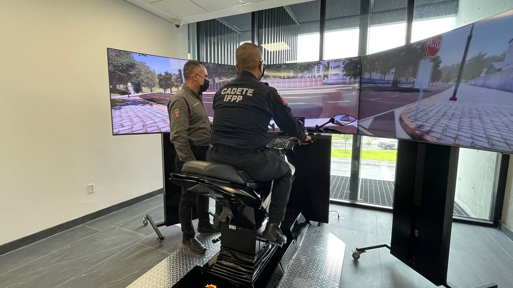 San Pedro motorcycle officer training on the APEX motorcycle simulator